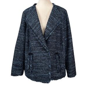 Talbots Blue Metallic Tweed Fringe Trim Blazer Jacket Size 16W